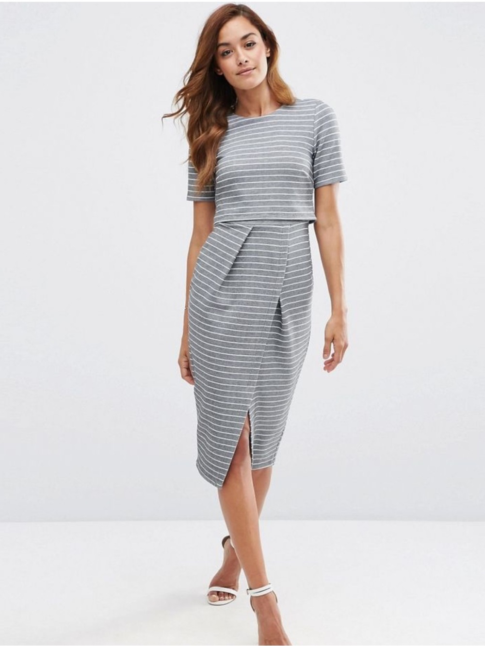 ASOS Striped Gray Midi Dress with Front Slit